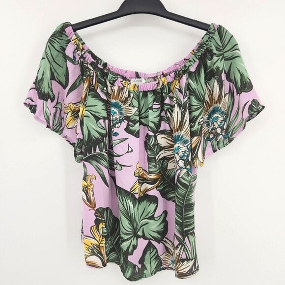 J Crew Off Shoulder Blouse Top Womens Size 0 Tropical Floral Leaf Print Vacay - Picture 2 of 8